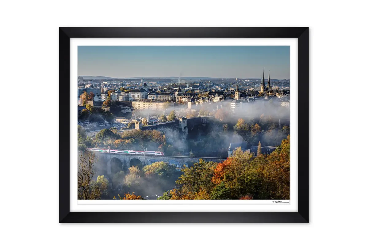 Luxembourg city aerial foggy cityscape
